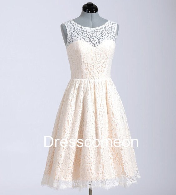 High Neck Chamage Lace Homecoming Dress,Illusion Sleeveless Handmade Cheap Short Prom Dress