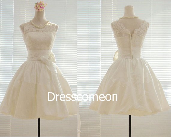 Knee-length Scoop V-back Lace Summer Bridal Gown, A-line Sleeveless Wedding Dress with Bowknot