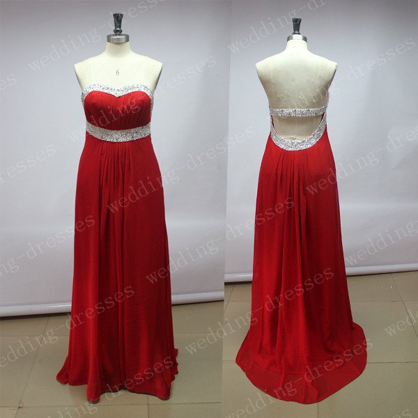 Custom Made Red Chiffon Beaded Long Prom Dress,Empire Waist Open Back Prom Dresses