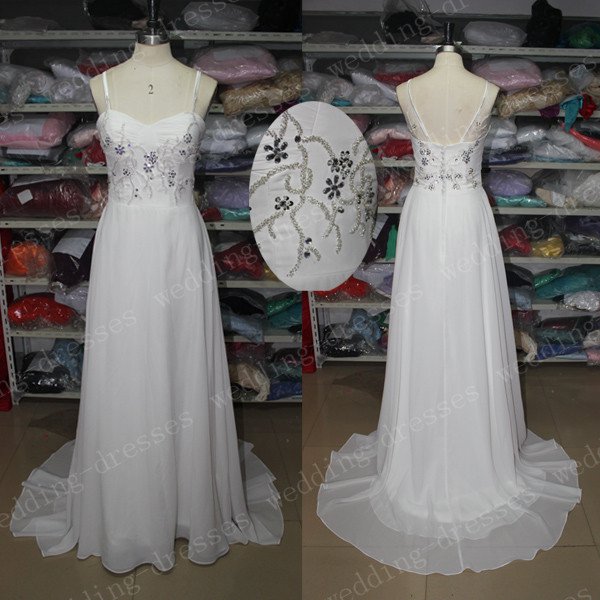 A Line Spaghetti Straps White Chiffon Beaded Cheap Beach Wedding Dress,Long Prom Dress