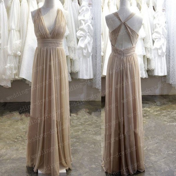 A Line V Neck Halter Open Back Champagne Long Cheap Bridesmaid Dress,Simple Prom Dress