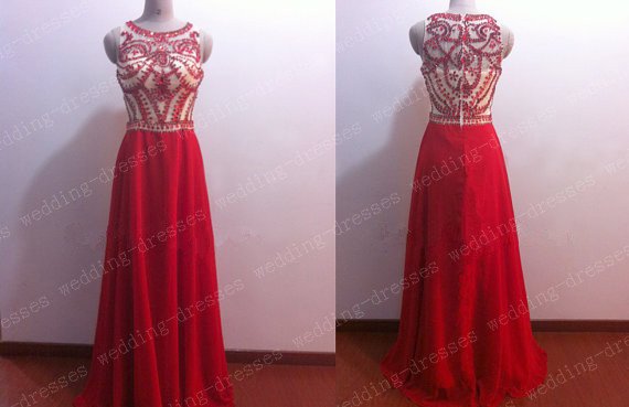 Red Chiffon Beaded Long Prom Dress A Line High Neck See Through Prom Gown Evening,Graduation Dress