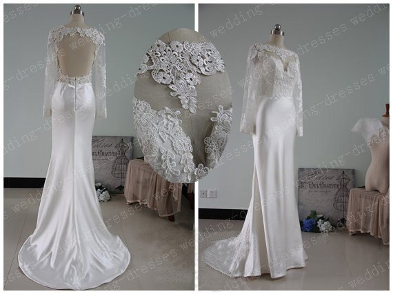 Sexy long sleeves open back white lace mermaid wedding dresses 2015 bridal wedding gown