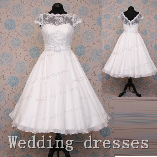 Hot 2015 high neck short sleeves tea length ivory lace short wedding dresses,bridal wedding gown