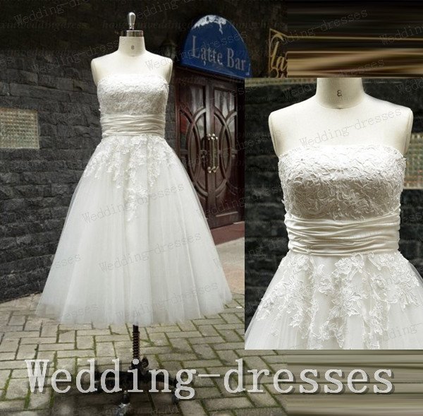 Strapless tea length ivory lace tulle short wedding dresses,cheap wedding gown,bridal dress