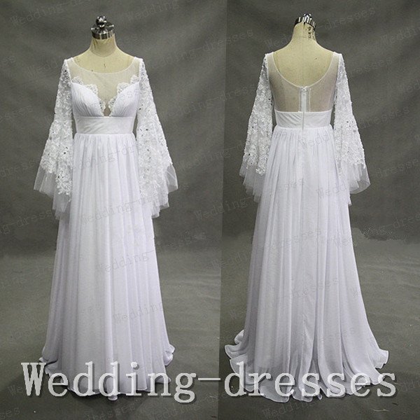 New arrival Long horn sleeves lace chiffon See throgh long wedding dresses,bridal wedding gown,