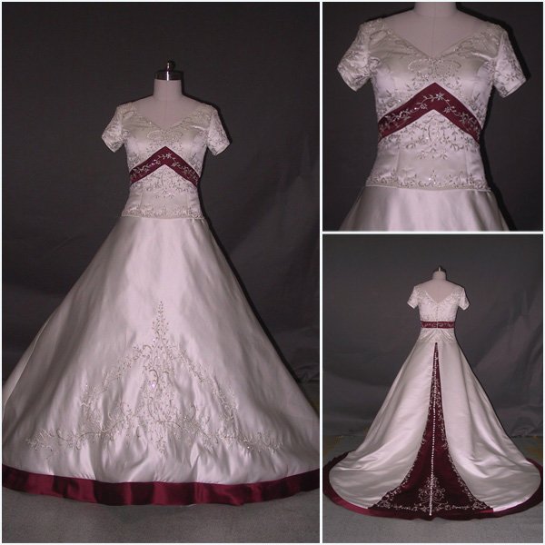 Short Sleeves Embroidery Royal Wedding Dress White And Red Satin Button Wedding Gown Wedding Dress