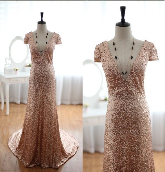 Dazzling Deep V Neck Short Sleeves Gold Sequined Sexy Bridal Wedding Dress Evening Prom Dress