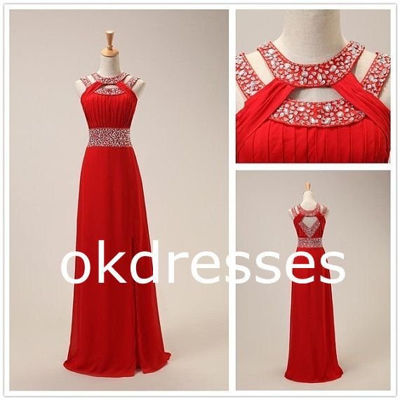 Red Long Fashion Prom Dress,Crystal High Neck Evening Dress,Open Back Chiffon Formal Women Dress