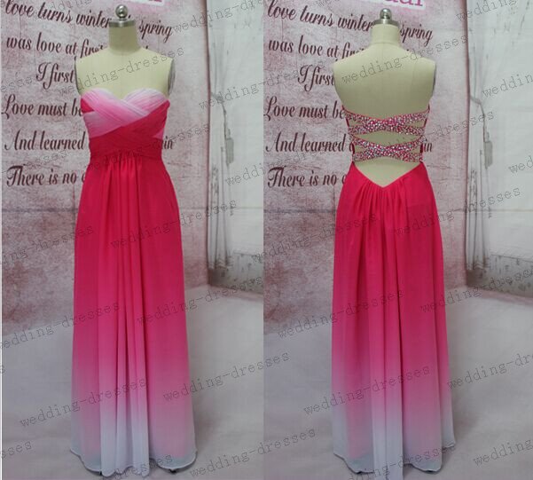 Sexy Hot Pink Ombre Chiffon Open Back Long Prom Dress,Gradient Evening Prom Dresses,Bridesmaid Dress