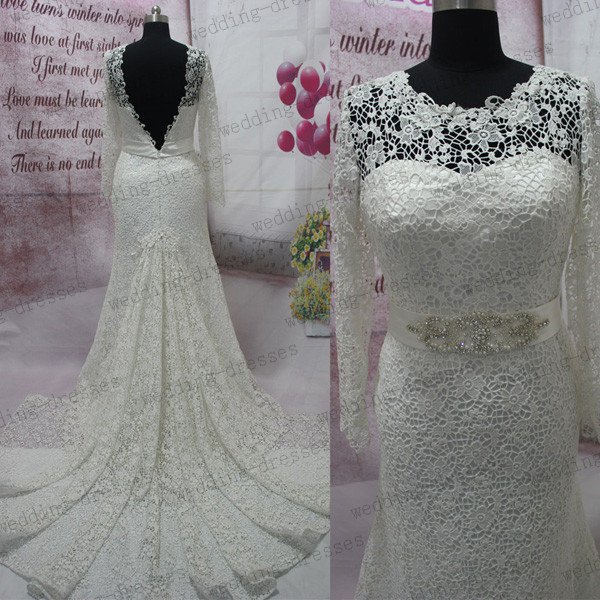 Long Sleeves Open Back Ivory Lace Mermaid Wedding Dress,High Neck Beaded Belt Bridal Wedding Gown