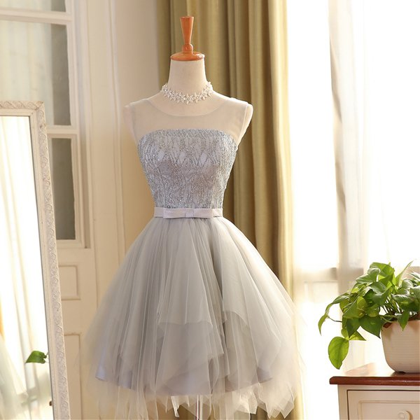 Hot Sales Silver Tulle HI-LO Cheap Short Prom Dresses Homecoming Dress Party Gowns