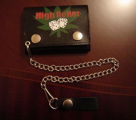 Black Leather Tri Fold Chain Wallet
