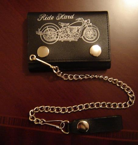 Black Leather Motorcycle Tri Fold Chain Wallet