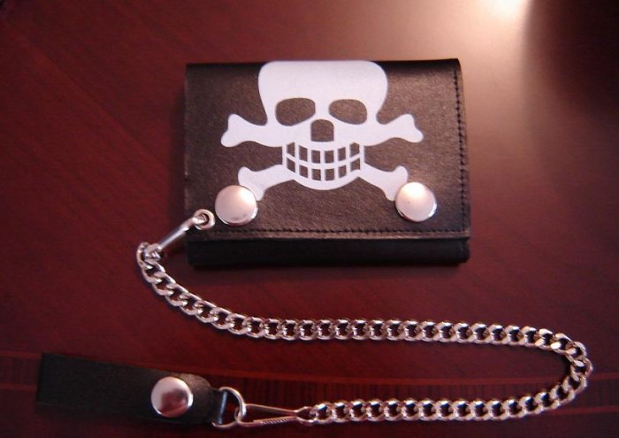 Black Leather Skull Tri Fold Chain Wallet