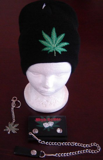 Leather tri fold wallet, keychain & Beanie Ski hat, Marijuana Leaf