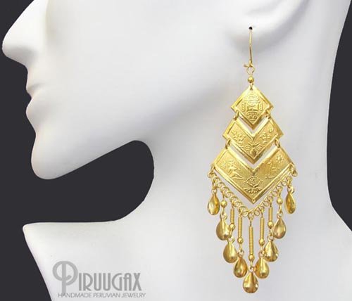 INCA PYRAMIDS Rich 18K Gold plated Chandelier Earrings