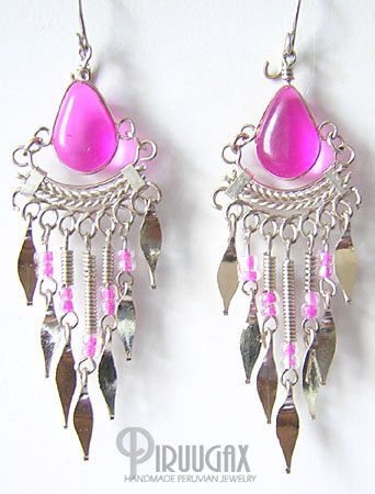 ROSE FUCHSIA Silver Lucite Beads Chandelier Earrings