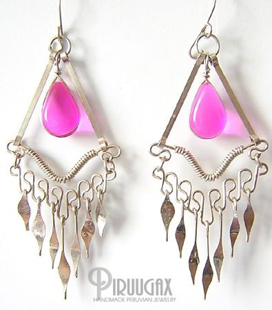 ROSE FUCHSIA Silver Lucite Beads Chandelier Earrings