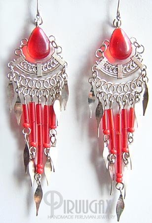 RUBY RED Silver Lucite Beads Chandelier Earrings