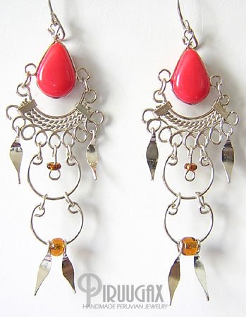 CORAL RED Silver Lucite Beads Chandelier Earrings