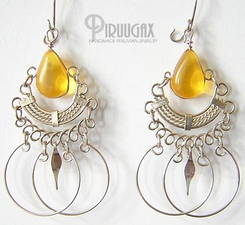 HONEY AMBER Silver Lucite Beads Chandelier Earrings