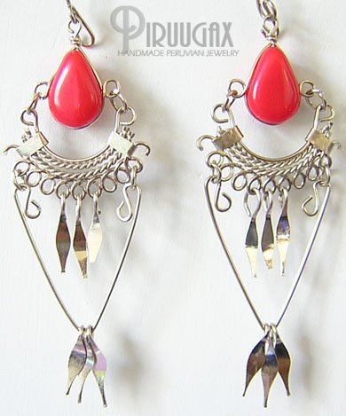 CORAL RED Silver Lucite Beads Chandelier Earrings