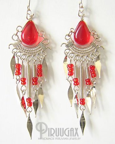 RUBY RED Silver Lucite Beads Chandelier Earrings