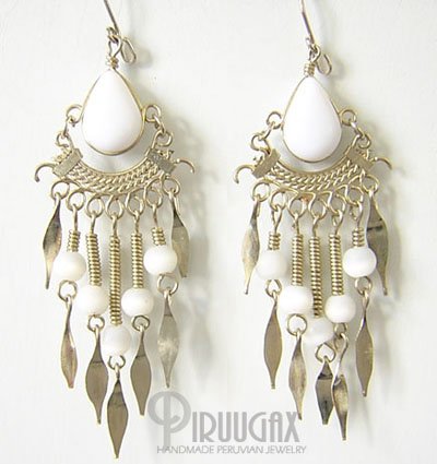 WHITE Cat's Eye Silver Lucite Beads Chandelier Earrings