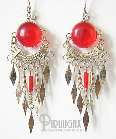 RUBY RED Silver Lucite Beads Chandelier Earrings