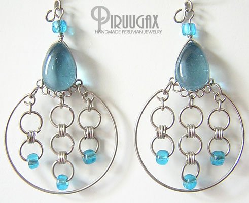 AQUAMARINE Glass Silver Chandelier Earrings