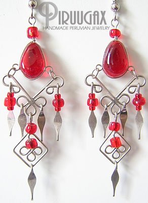 RUBY RED Glass Silver Chandelier Earrings