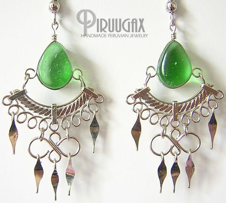 EMERALD GREEN Glass Silver Chandelier Earrings