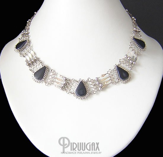 INDIAN SPIRIT Silver Black Obsidian Necklace Choker