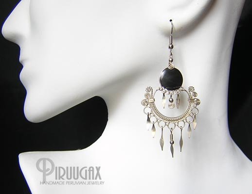 INDIAN FEATHERS BLACK OBSIDIAN Silver Chandelier Earrings