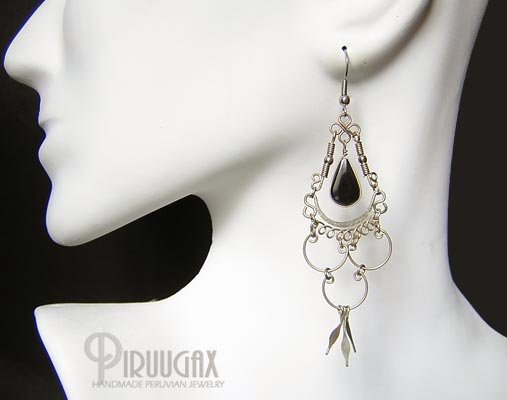 INDIAN SPIRIT Black Obsidian Silver Chandelier Earrings