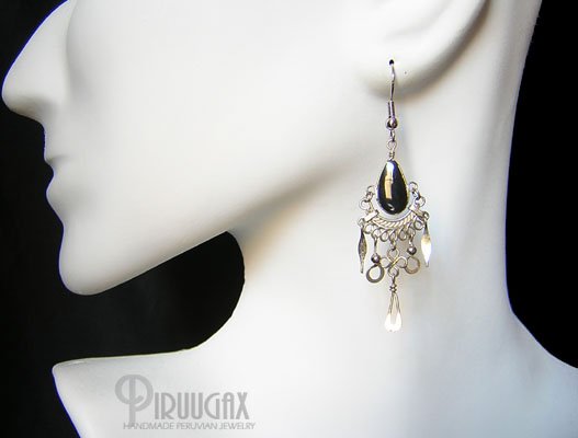 BEAUTY Black Obsidian Silver Chandelier Earrings