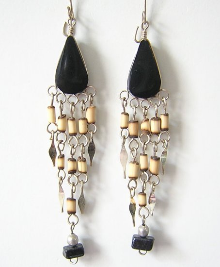 INDIAN SOUL Black Obsidian Silver Chandelier Earrings