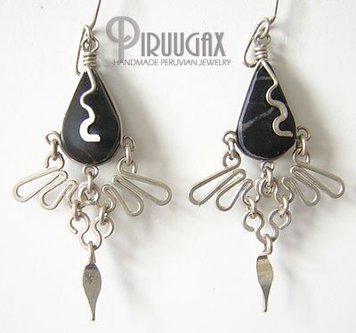 INDIAN CLOVER Black Obsidian Silver Chandelier Earrings