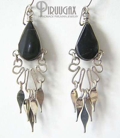 INDIAN SPIRIT Black Obsidian Silver Chandelier Earrings
