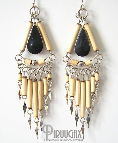 INDIAN SOUL Black Obsidian Silver Chandelier Earrings