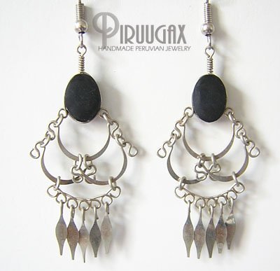 DANGLING SPIRALS Black Obsidian Silver Chandelier Earrings