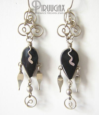 DANGLING SPIRALS Black Obsidian Silver Chandelier Earrings