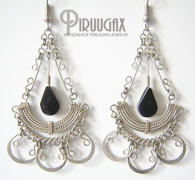 INDIAN FEATHERS Black Obsidian Silver Chandelier Earrings