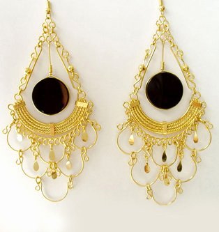 INCA GODDESS ~ LG BLACK AGATE 24K Gold Plated Chandelier Earrings