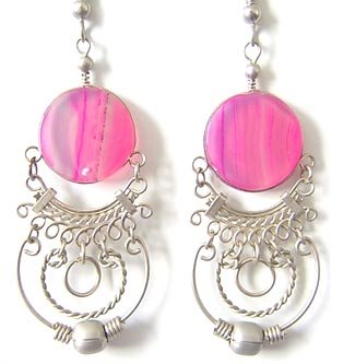 ANDEAN HOOPS ~ Fuchsia Agate Silver Chandelier Earrings