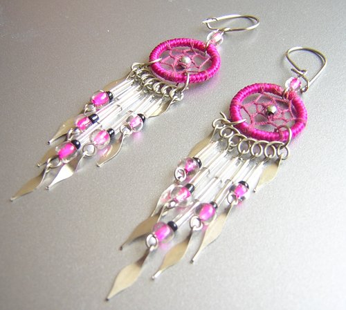 FUCHSIA Crystal Hand Woven Hippie Dreamcatcher Chandelier Earrings