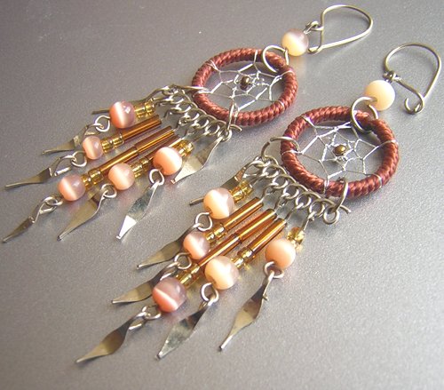 Brown Cat Eyes Hand Woven Hippie Dreamcatcher Chandelier Earrings