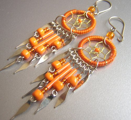 Orange Hand Woven Hippie Dreamcatcher Chandelier Earrings