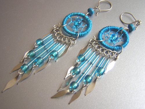TURQUOISE Hand Woven Hippie Dreamcatcher Chandelier Earrings